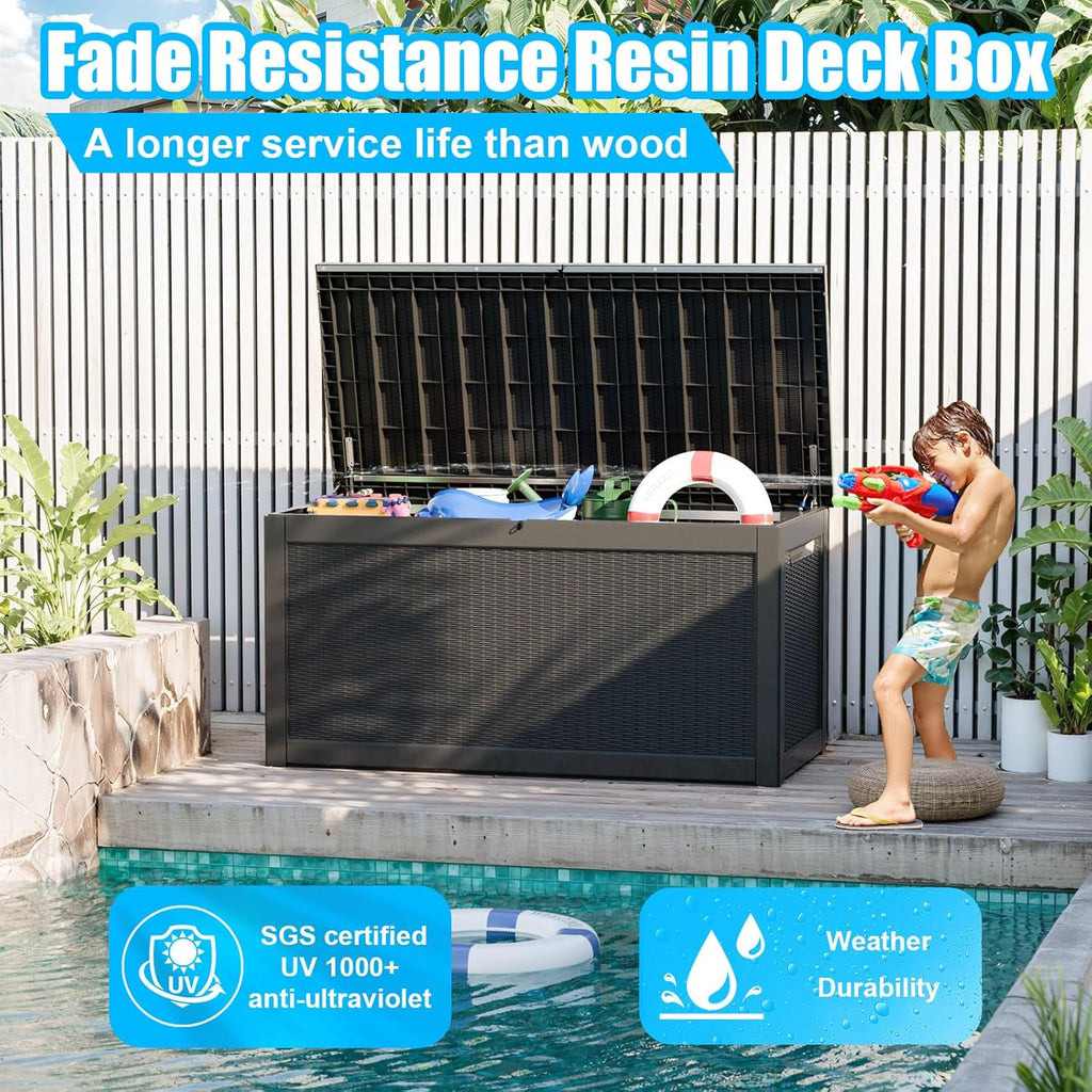 260 Gallon Large Resin Deck Box, Lockable Outdoor Storage Box for Patio Cushions Storage Furniture,Garden Tools, Pool Supplies, Weatherproof and UV Resistant-Black Rattan (260 Gallon)