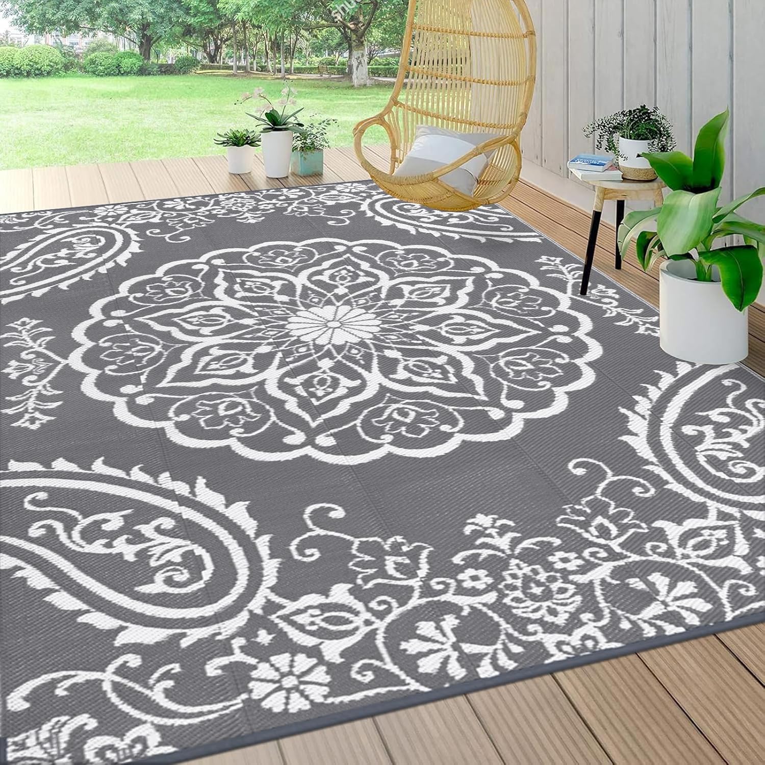 Pauwer Waterproof Outdoor Rug 10x14, Reversible Plastic Straw Patio Camping Rug, Indoor Outdoor RV Mat Carpet for Deck, Camper, Porch, Balcony, Backyard, Picnic, Boho Grey