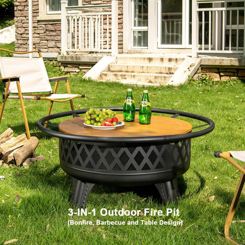 38 Inch Wood Burning Fire Pit for Outside, Round Firepit with Grill & Metal Lid, Metal Outdoor Fire Pit Table for Patio Backyard Garden Bonfire Party