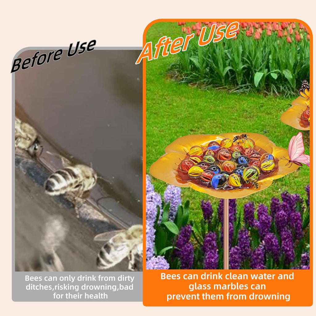 Bee Watering Station-Golden Butterfly Puddler Bee Bath & Feeder with Metal Stakes - 30 Glass Marbles, Vivid Flower Design, Garden Yard Decor (Golden-1PACK)