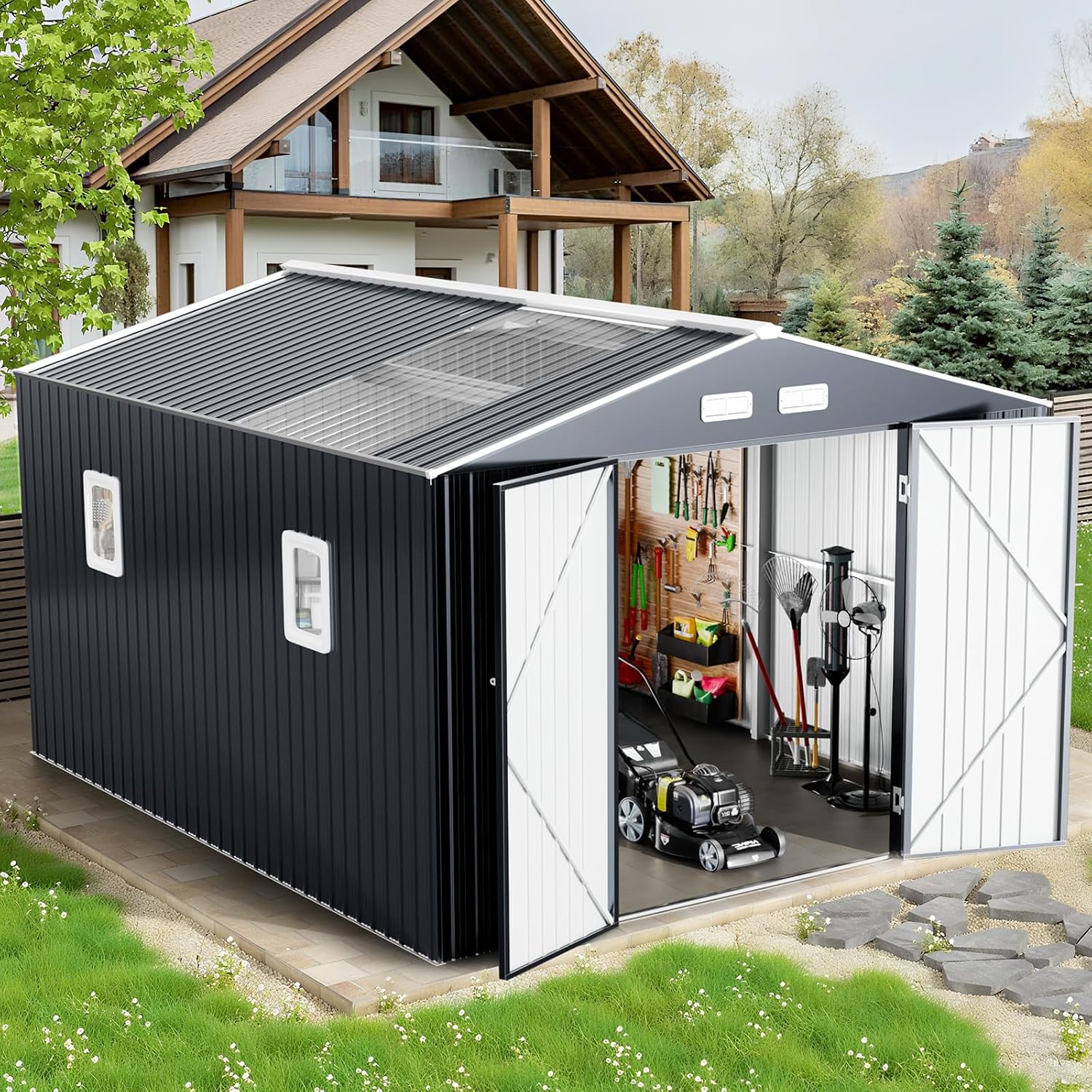 12x10 FT Metal Sheds & Outdoor Storage: Heavy Duty Garden Sheds with Dual Transparent Panels, DIY-installable Windows & Lockable Doors, Weatherproof Tool Shed for Backyard, Garden, Patio, Grey