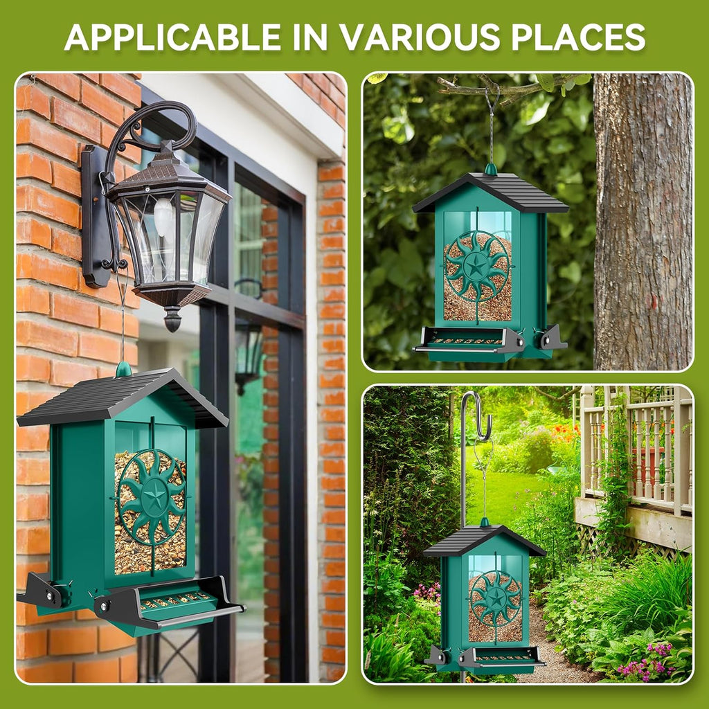 Squirrel Proof Bird Feeders for Outdoors, 5LBS Large Capacity Metal Wild Bird Feeder with Bilateral Weight-Activated Perches, Anti Squirrel Bird Feeders for Outside Finch, Cardinal, Blue Jay (Green)