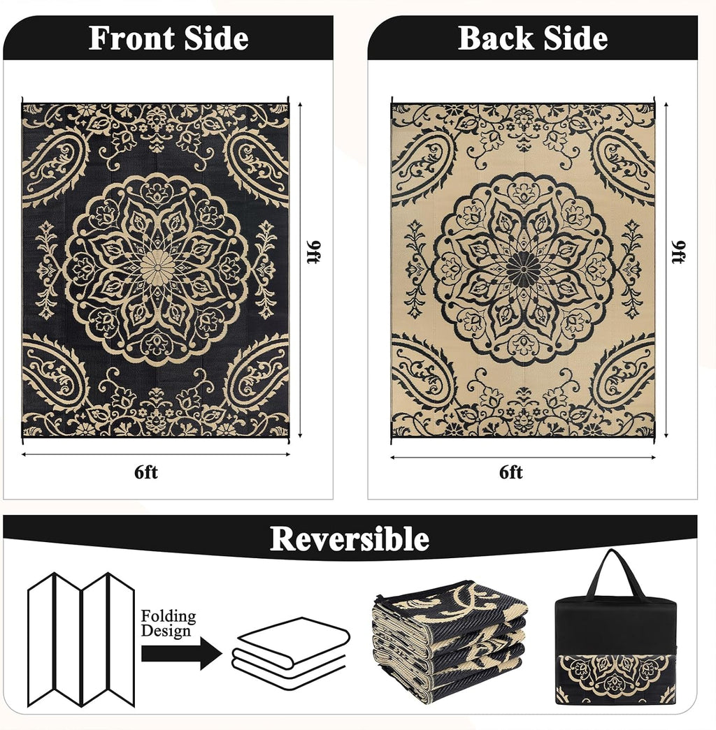 Pauwer Waterproof Outdoor Rug 6x9, Reversible Plastic Straw Patio Camping Rug, Indoor Outdoor RV Mat Carpet for Deck, Camper, Porch, Balcony, Backyard, Picnic, Boho Black Brown