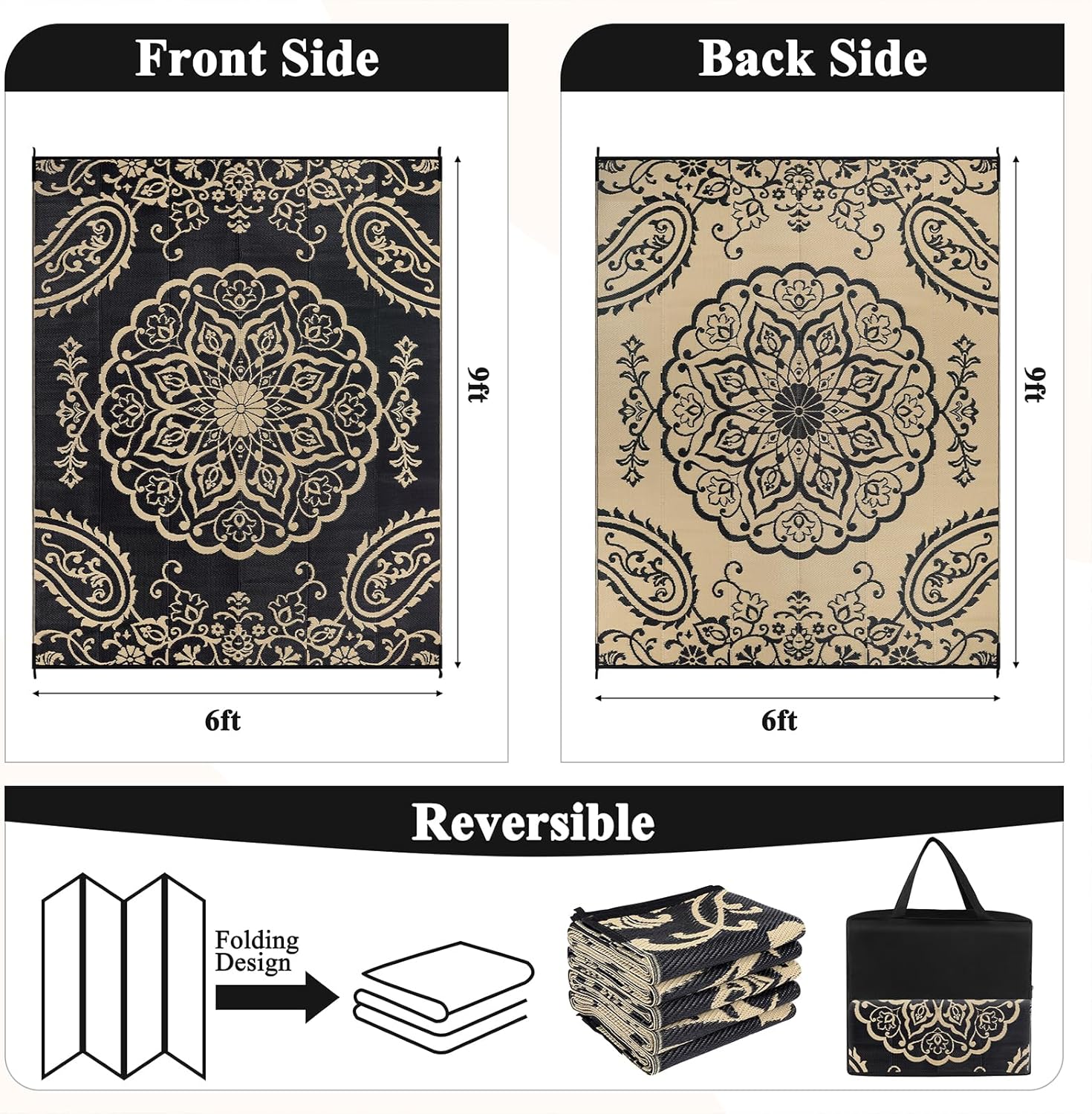 Pauwer Waterproof Outdoor Rug 6x9, Reversible Plastic Straw Patio Camping Rug, Indoor Outdoor RV Mat Carpet for Deck, Camper, Porch, Balcony, Backyard, Picnic, Boho Black Brown