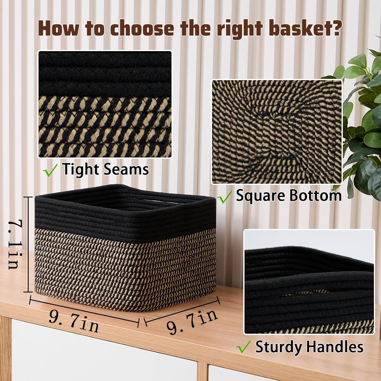 Small Organizing Baskets for Cubes Shelf, 9.7x9.7x7.1 Inch Rope Woven Storage Bins for Nursery Shelves Storage, Cute Toy Basket, Square 3 Packs Black Brown
