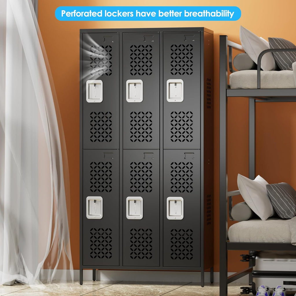 METAN Upgrade Metal Locker for School Office Gym Bedroom,6 Doors Steel Storage Locker Cabinet for Employees,Industrial Storage Locker with 1 Shelves,Assembly Required,Black