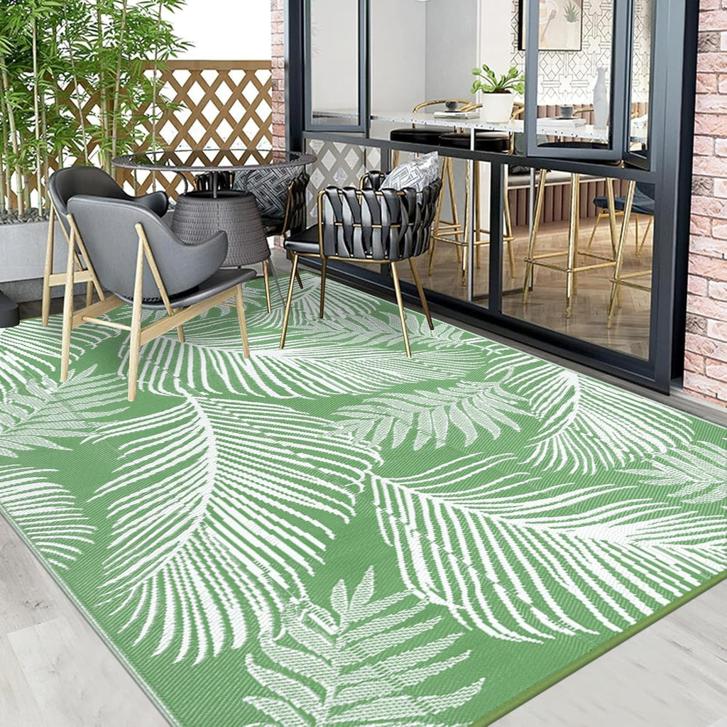 Pauwer Waterproof Outdoor Rug 9x12, Reversible Plastic Straw Patio Camping Rug, Indoor Outdoor RV Mat Carpet for Deck, Camper, Porch, Balcony, Backyard, Picnic, Leaf Green