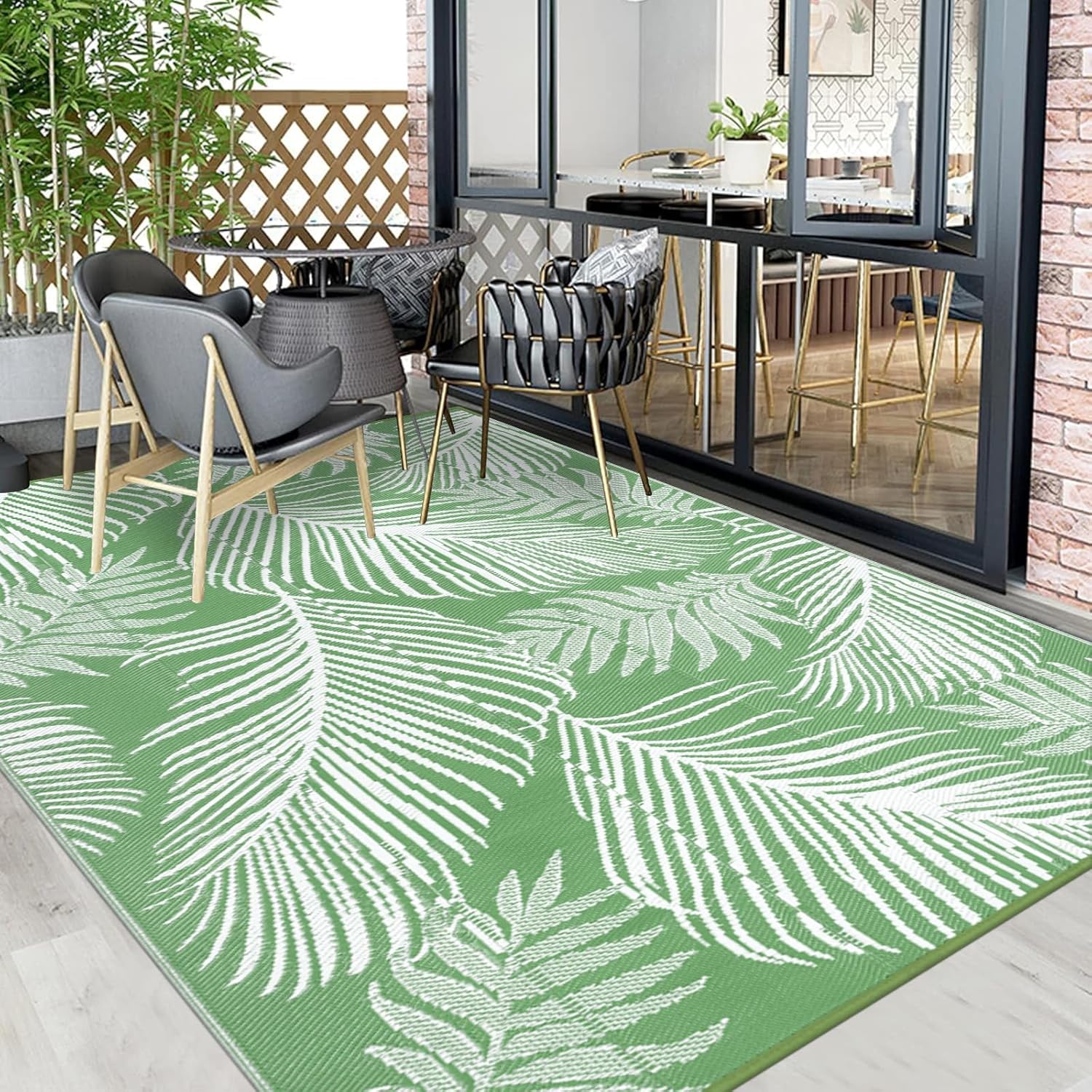Pauwer Waterproof Outdoor Rug 9x12, Reversible Plastic Straw Patio Camping Rug, Indoor Outdoor RV Mat Carpet for Deck, Camper, Porch, Balcony, Backyard, Picnic, Leaf Green