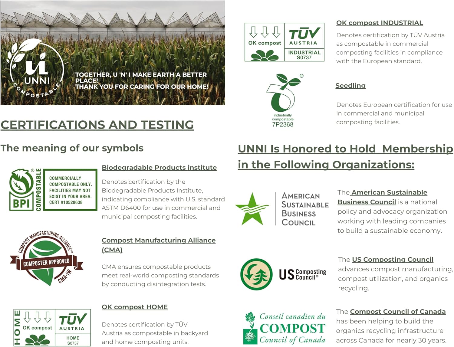 UNNI Compostable Trash Bags, 20-23 Gallon / 87 Liter, 60 Count Value Pack, Extra Thick 1.0 mil Large Bin Liners for Food Scrap, BPI, CMA & OK compost HOME Certified (Meets ASTM D6400)