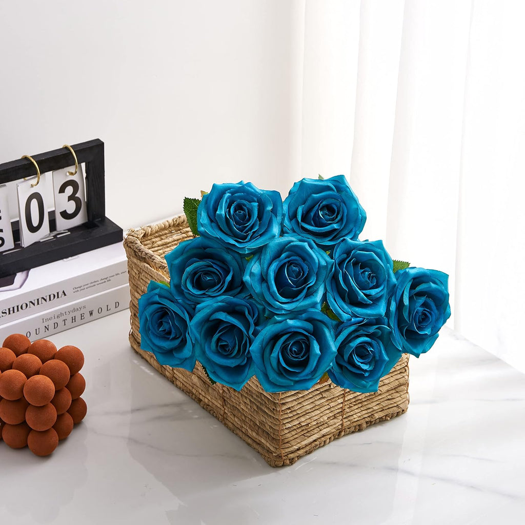Teal Artificial Rose 10pcs Open Flower Bouquet Faux Rose Stems Turquoise Blue Roses for Wedding Arrangement, Bridal Bouquet, Centerpiece, Fake Faux Silk Flowers