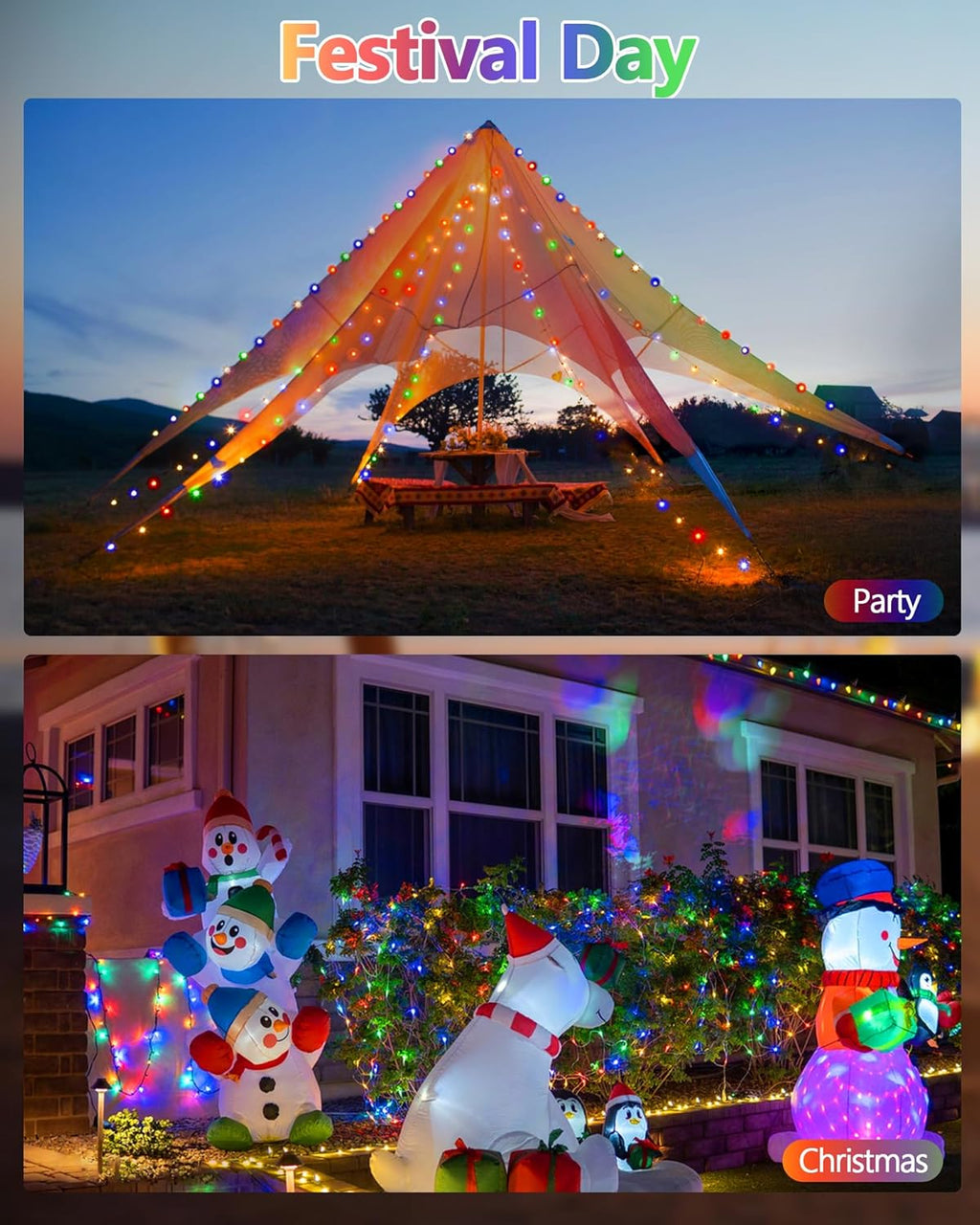 2 Pack Multicolored Solar Christmas Lights Outdoor Waterproof, 400 LED 144FT Super Long Solar String Lights, Green Wire 8 Lighting Modes, Christmas Tree Light for Xmas Fence Bushes Patio Decorations