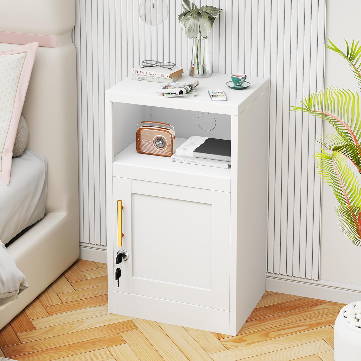 27" Metal Nightstand with Locked Doors, Small Sidetable with 1 Storage Shelf, Storage Cabinet for Bedroom, Metal End Table for Home, Office White