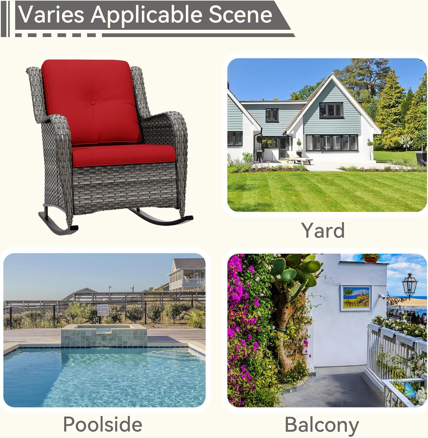 1 PC Outdoor Rocking Chair, Wicker Patio Rocker Chair for Yard, Porch, Mixed Brown Grey Rattan, Red Cushions