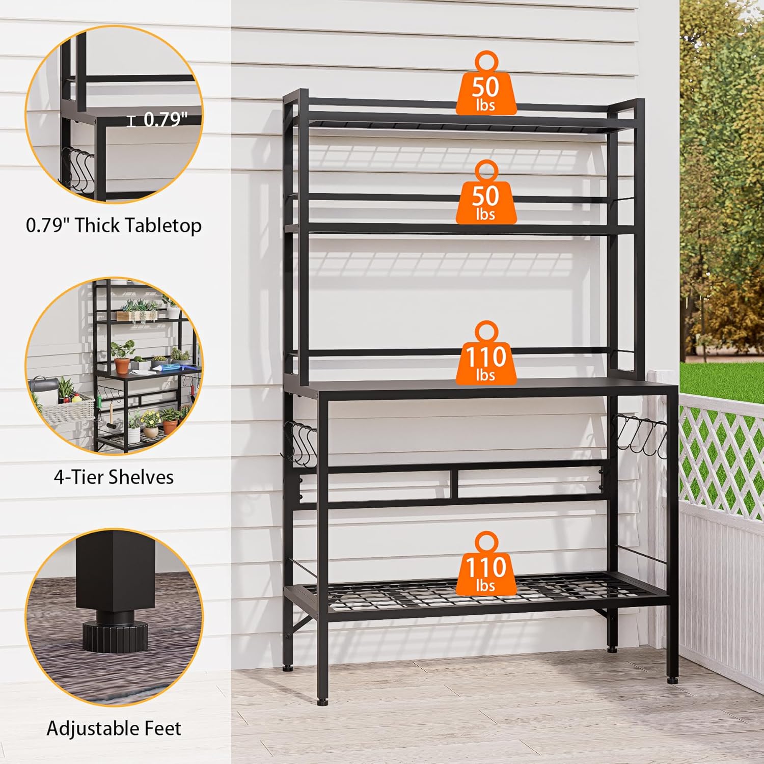 63” Metal Potting Bench&Table with Metal Tabletop, 4-Tier Plant Shelves, 8 Side Hooks, Outdoor/Indoor Gardening Workstation and Plant Stand, Black