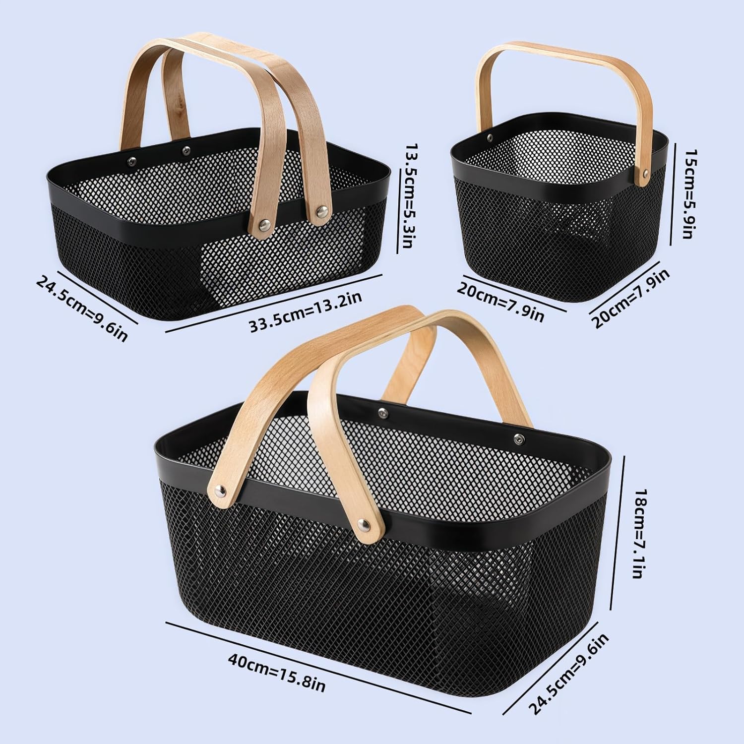 3pcs plastic harvest baskets, foldable wooden handles, rectangular garden storage baskets, for picking and collecting vegetables and fruits in the garden cabinet (Black)