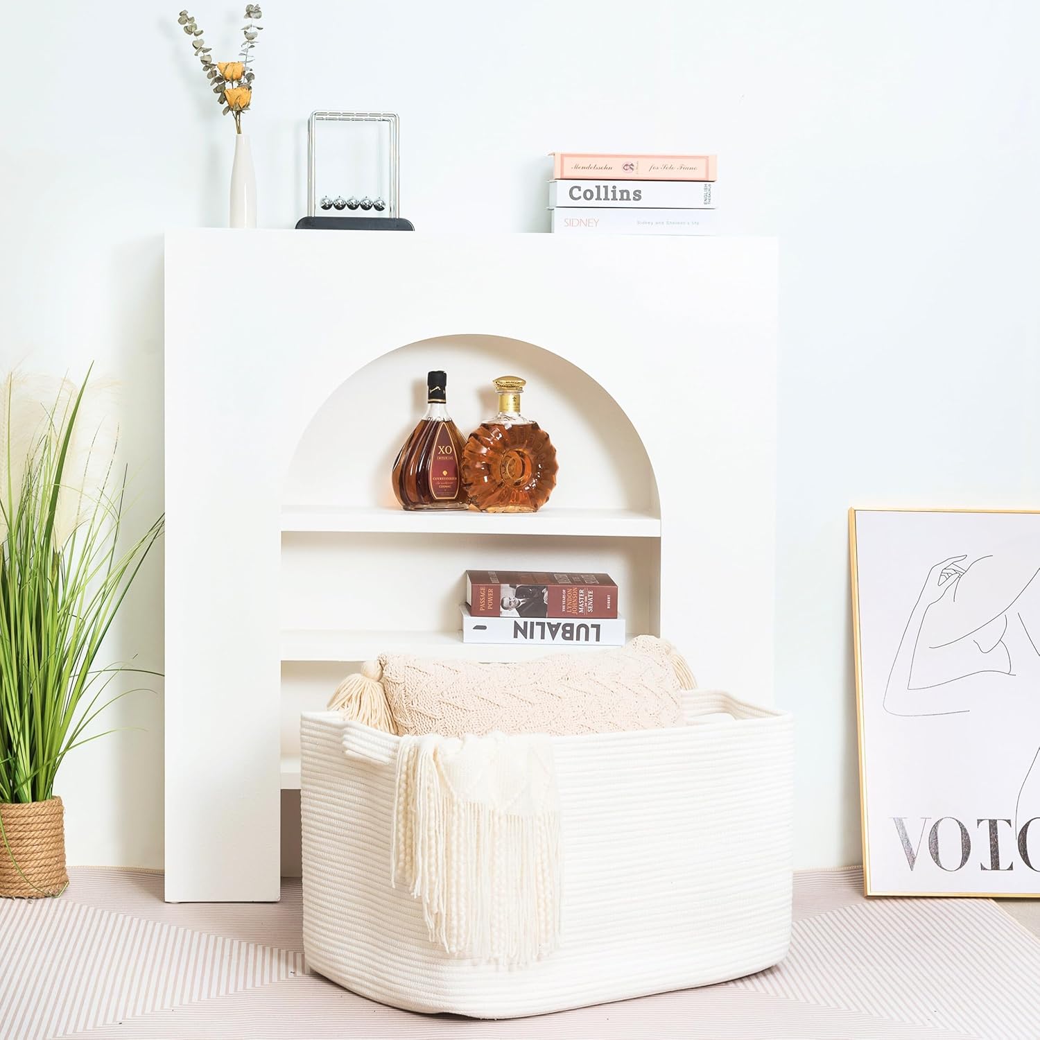 MINTWOOD Design 22in Extra Large Blanket Basket Holder Living Room, Rectangle Rope Woven Storage Basket with Handles for Laundry, Pool Towels, and Shoes, Dog Toy Organizer Bin Box, Creamy White