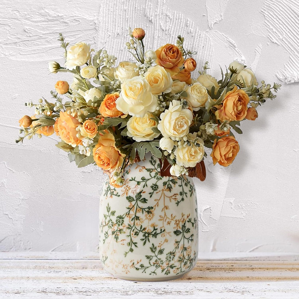 Rustic Vintage Ceramic Vase, 7.8 inch Beige and Green Decorative Vase, Aesthetic Farmhouse Pottery Vase for Home Decor, Living & Dining Room, Bookshelf, Office, TV Stand Table Decor