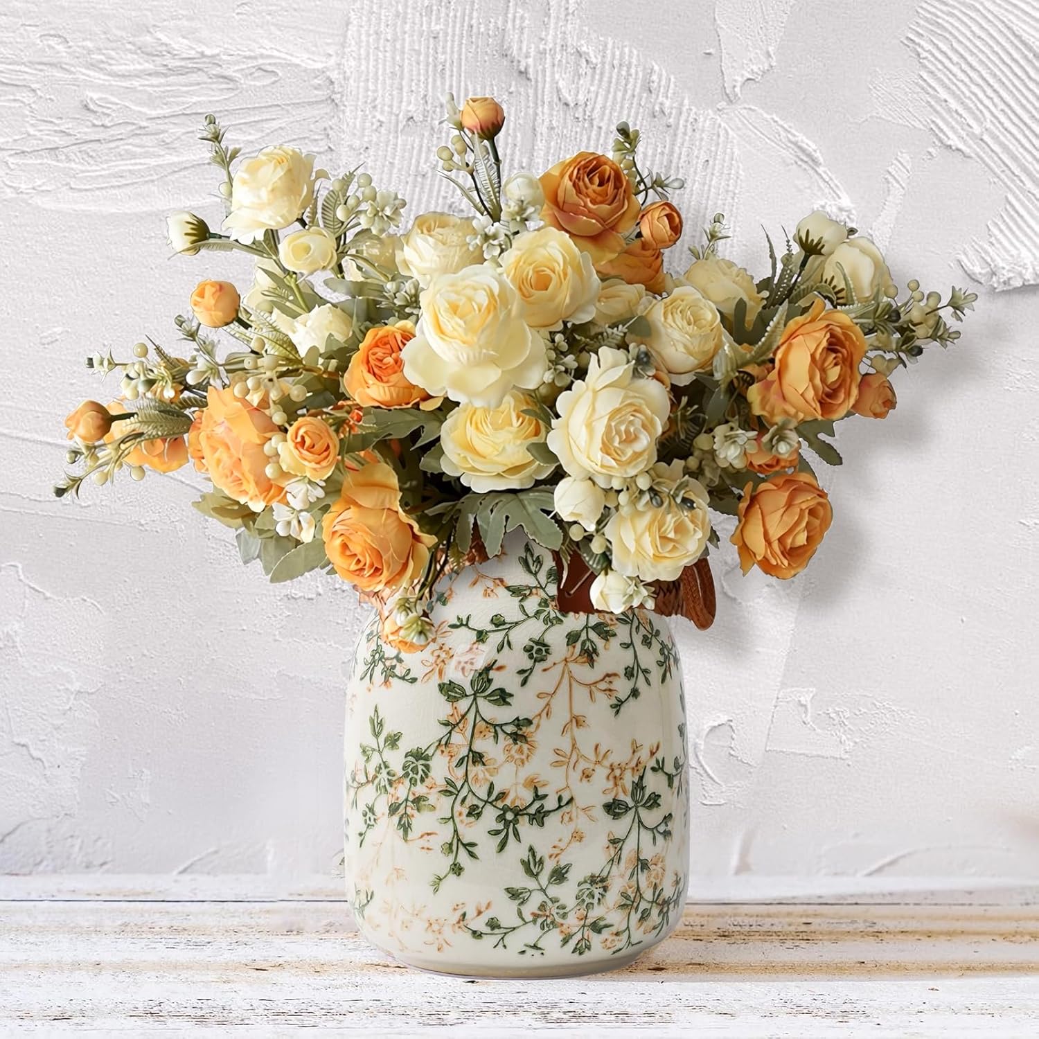 Rustic Vintage Ceramic Vase, 7.8 inch Beige and Green Decorative Vase, Aesthetic Farmhouse Pottery Vase for Home Decor, Living & Dining Room, Bookshelf, Office, TV Stand Table Decor