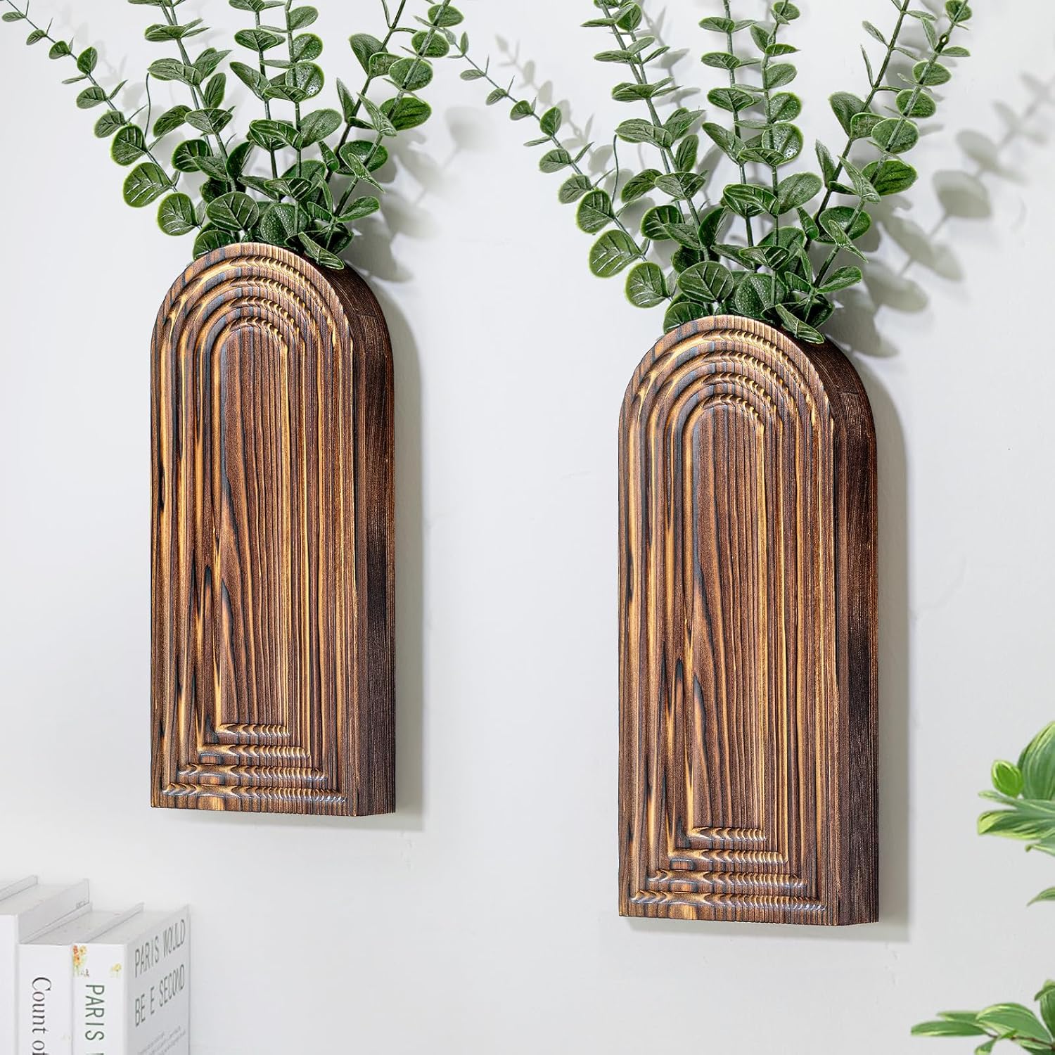 Wooden Wall Planter Vase Set of 2, Boho Hanging Planter for Indoor Plants & Flowers, Natural Wood Wall-Mounted Planters for Art Home Decor - Living Room, Bedroom, Bathroom, Patio (Brown)