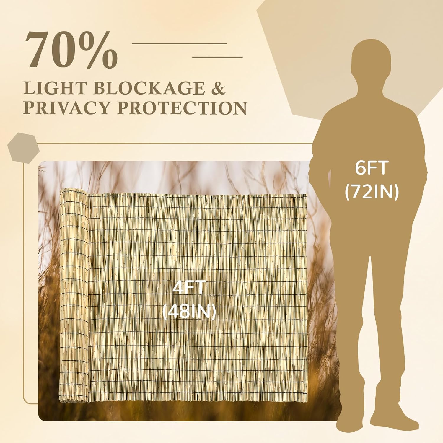 Natural 4FT X 16.4FT Reed Fencing Roll, Balcony Privacy Shade Reed Bamboo Fencing Garden Fence Border, Wind Block Sunshade Fence Screen for Outdoor Yard Patio Flower Bed Edge