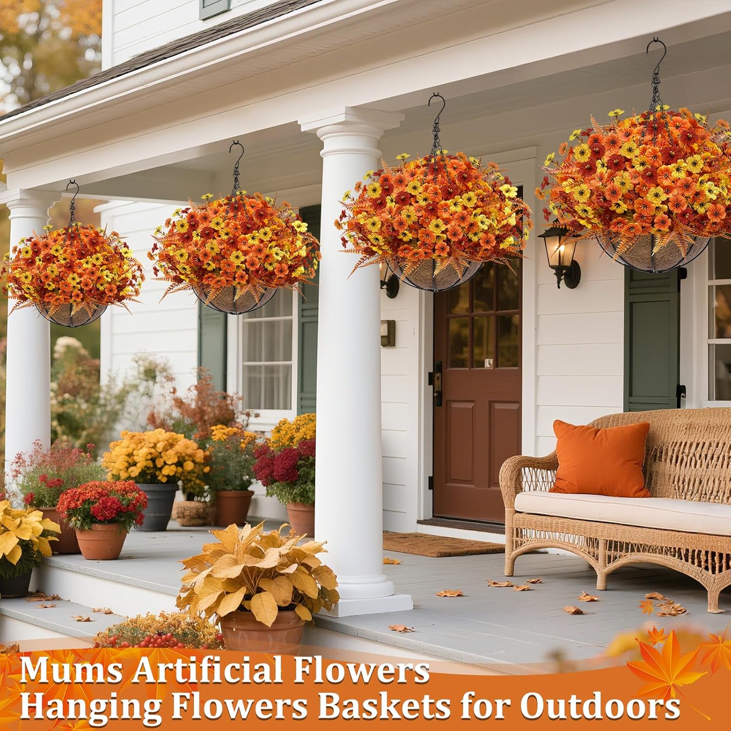 Artificial Fake Hanging Baskets Fall Flowers for Outdoors Decoration, 189 Silk Mums & 54 Boston Ferns UV Resistant Look Real Faux Plants for Outside Yard Patio Porch Garden Balcony Home Autumn Decor