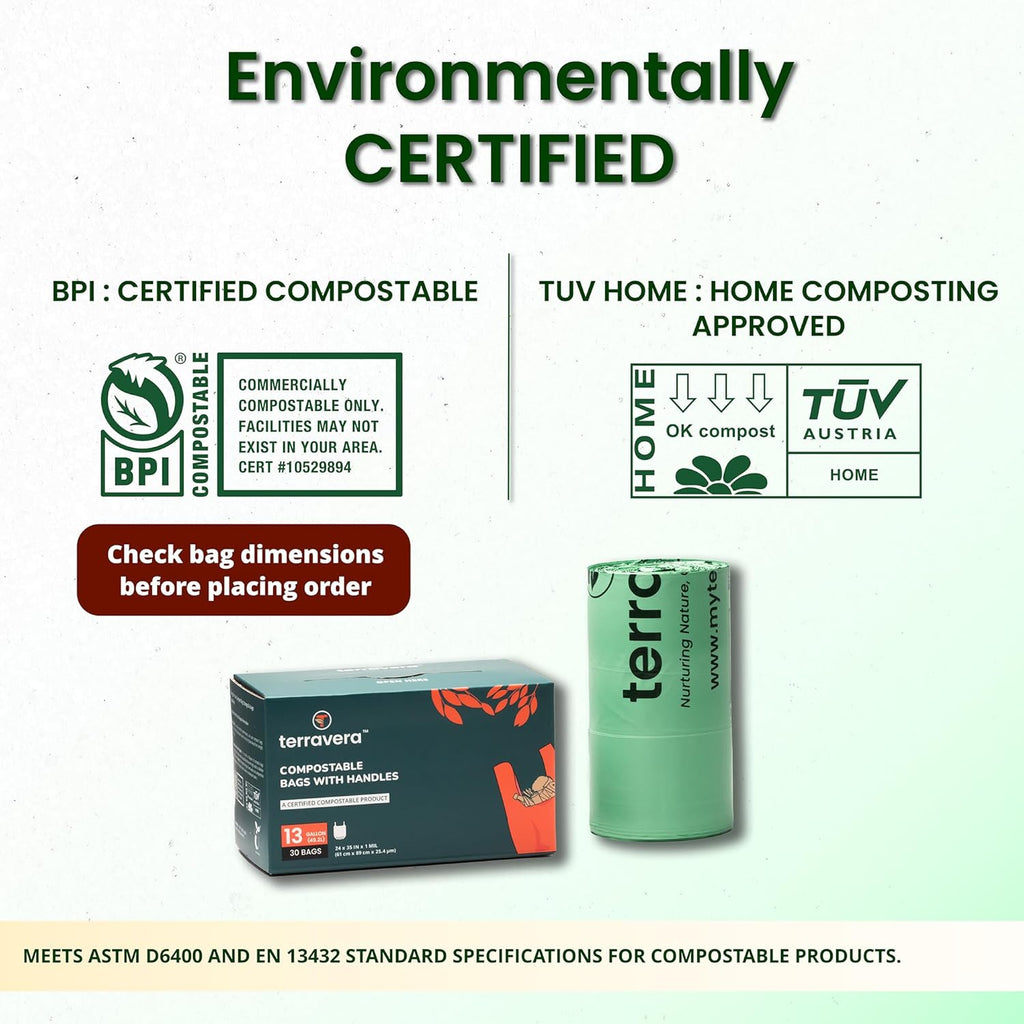 Compostable Trash Bags with Handles | BPI & OK Home Certified ASTM D6400 Standards | Heavy Duty Kitchen & Yard Waste Bags (13 Gallon Flat Top, 50 Count)