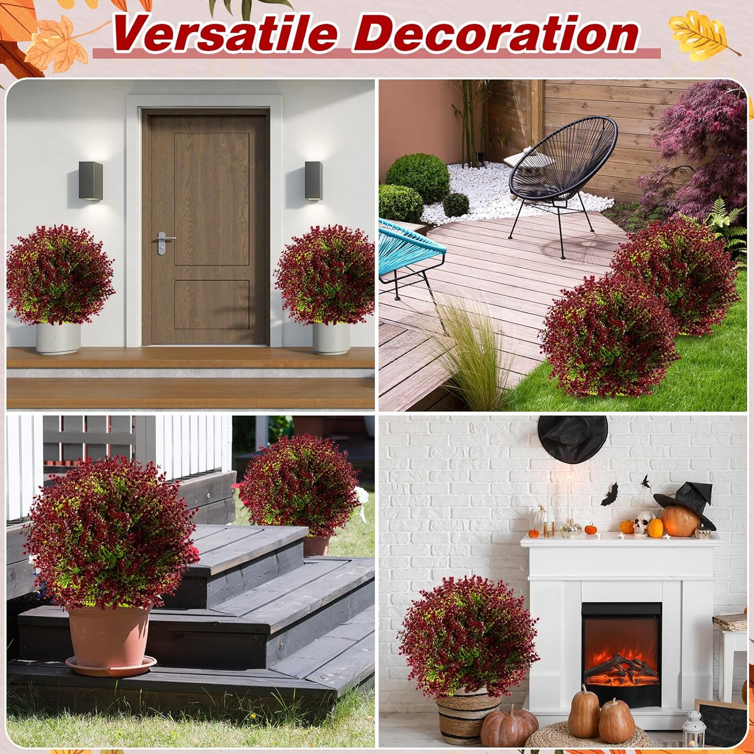 Yunlly 2 Pcs 18 Inch Artificial Boxwood Ball Topiary Tree Fake Outdoor Plants Bush, UV Resistance Faux Shrub with Spike Realistic Greenery Potted for Indoor Garden Yard Porch Patio Decor (Purple Red)