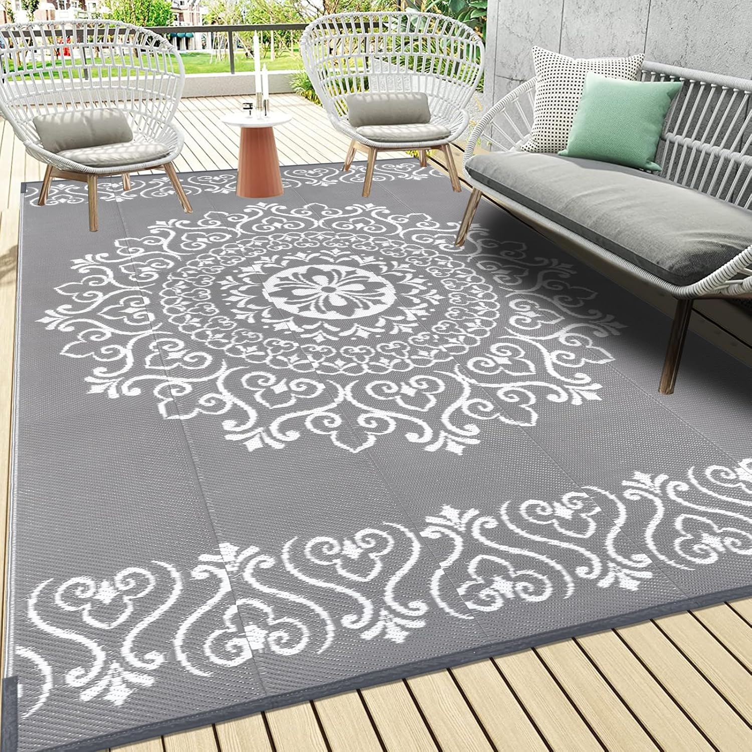 Pauwer Waterproof Outdoor Rug 6x9, Reversible Plastic Straw Patio Camping Rug, Indoor Outdoor RV Mat Carpet for Deck, Camper, Porch, Balcony, Backyard, Picnic, Floral Grey