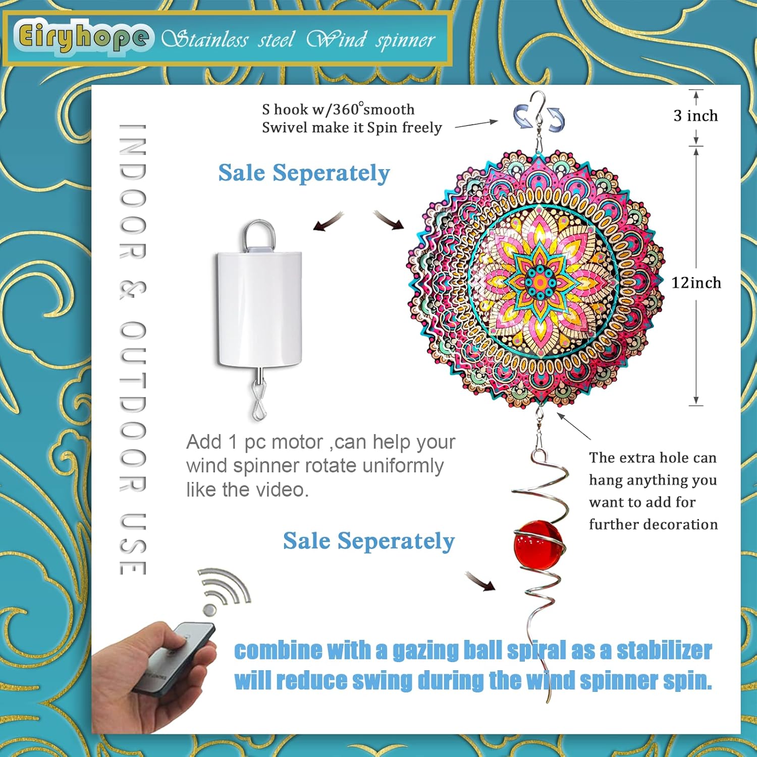 Mandala Blossom Wind Spinner - Metal Wind Spinners | 12inch 3D Kinetic Laser Cut Hanging Wind Sculpture & Wind Catcher | Outdoor Decor for Garden, Patio, Yard Art