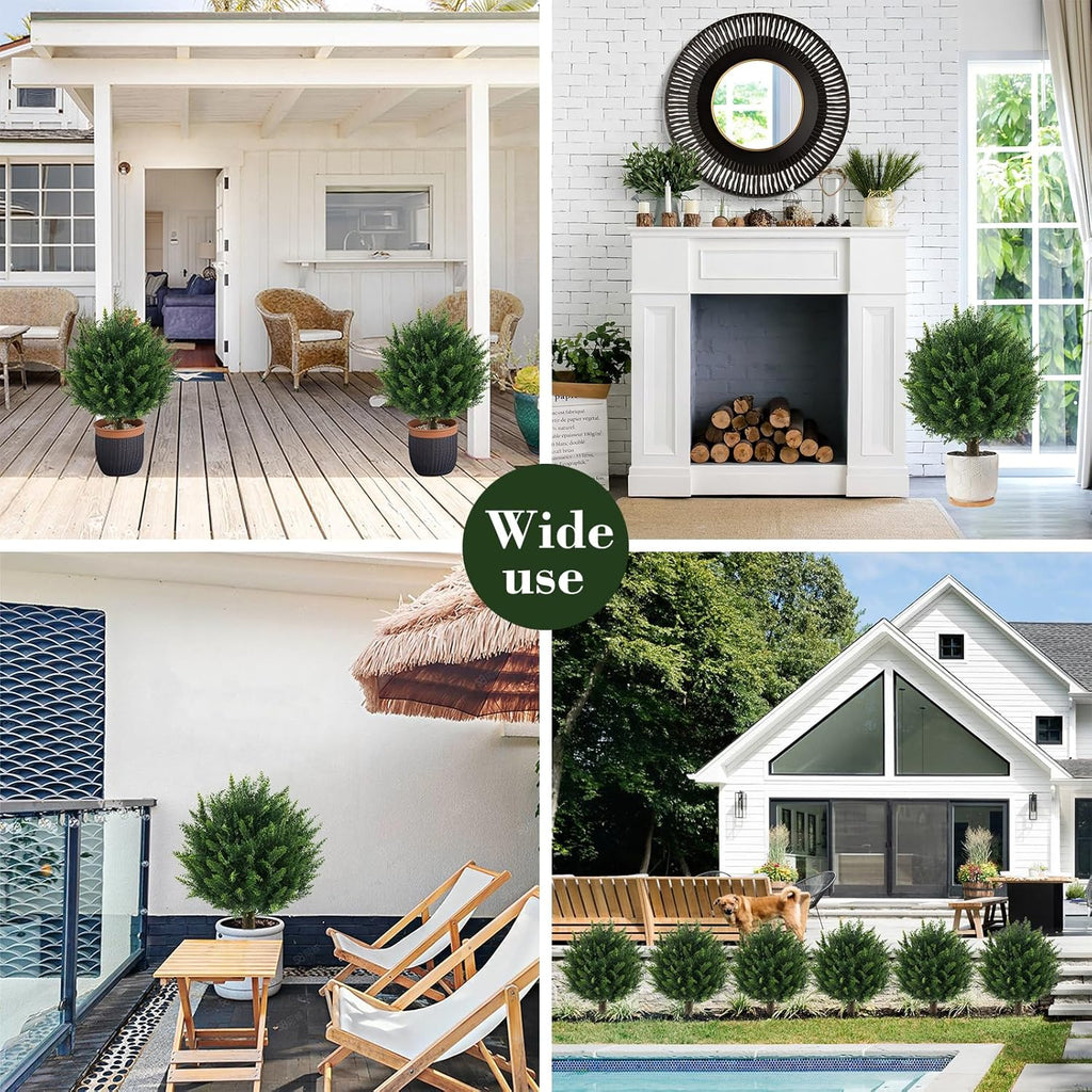 21" Artificial Cypress Topiary Outdoor Plants with Spike, 4 Pack Faux Cedar Bushes UV Resistant Fake Shrubs for Front Porch Décor