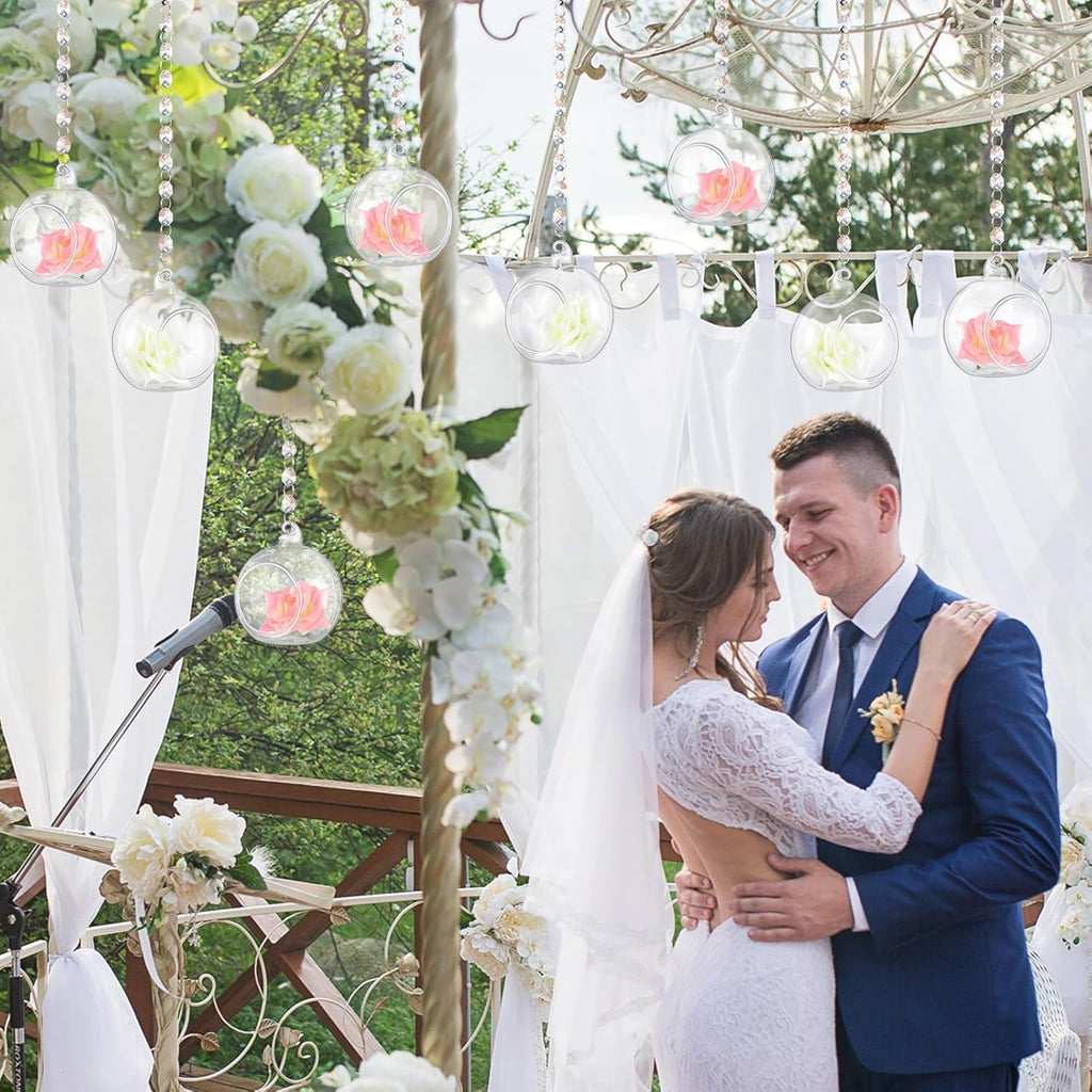 12 Sets Hanging Glass Candle Holder Wedding Glass Globe with Acrylic Gems Bead Garland Tea Light Holder Orbs Container for Flower Plants Micro Landscape DIY Xmas Tree Party Decoration 2.36 Inch