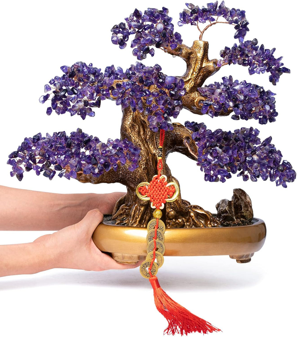 Natural Amethyst Gemstone Crystal Bonsai Tree of Life Large Feng Shui Money Chakra Tree for Luck and Wealth Desk Decoration(1,251 Gem Count)