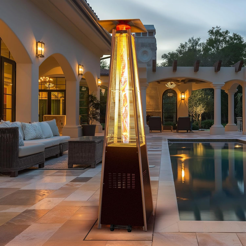 48,000 BTU Flame Pyramid Pool Heater, Triple Safety Protection Portable Patio Heater with Patio Cover, Warm Glass Tube with Durable Wheels-Brown