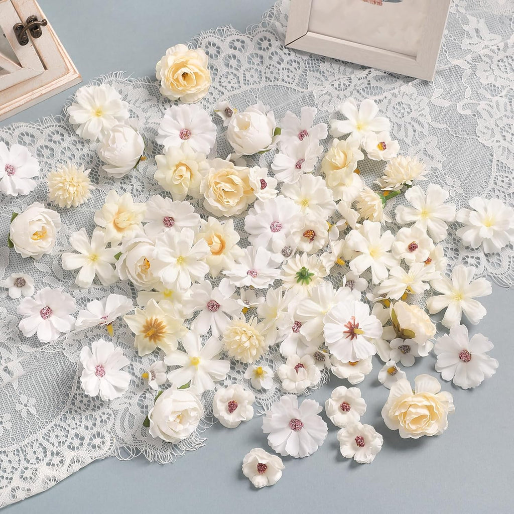Faux Flower Heads Small Silk Artificial Flower DIY Fake Mini Flowers Rose Daisy Multicolor Flowers Craft Supplies for Wedding Party Wreath Graduation Season Party Home Decor (45, White)