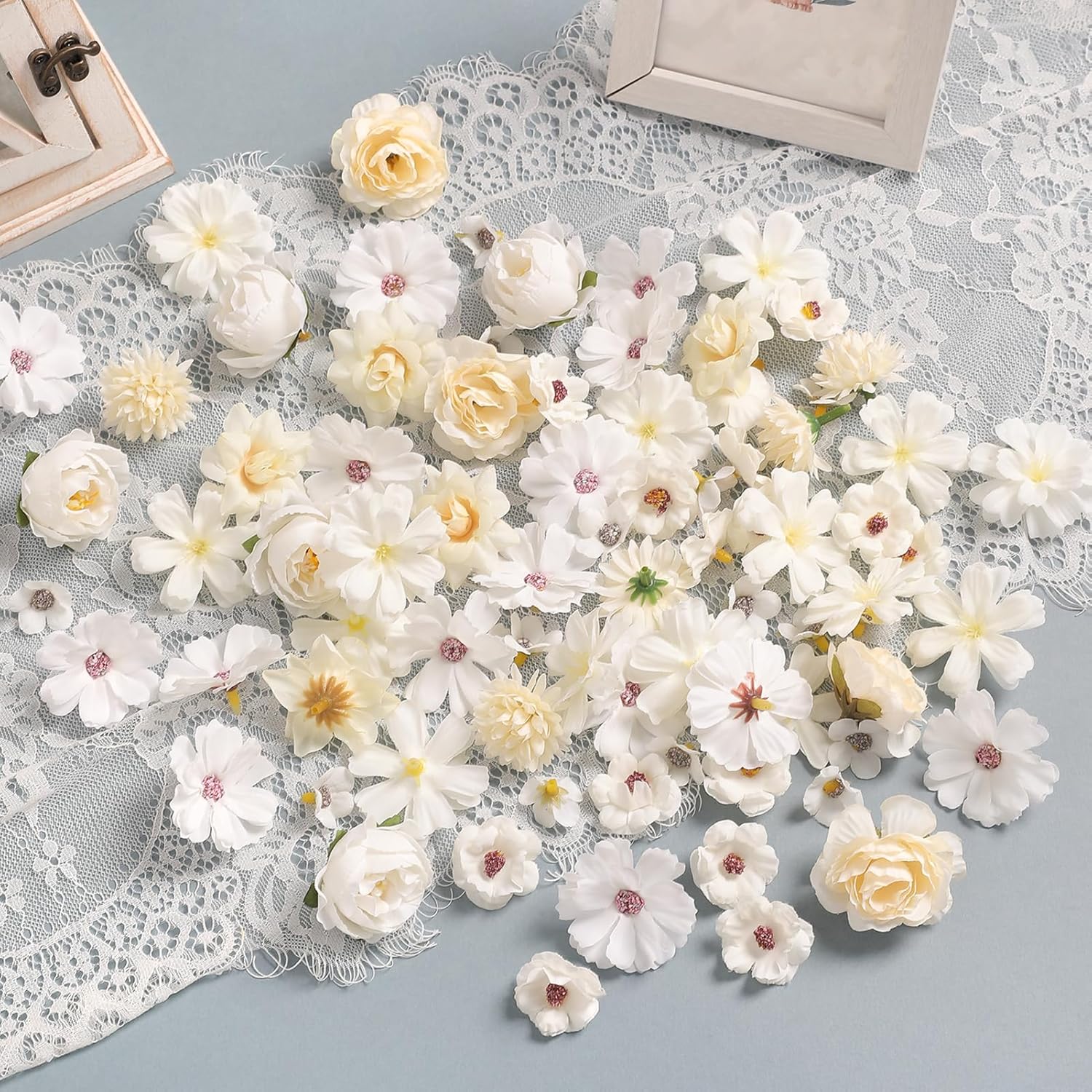Faux Flower Heads Small Silk Artificial Flower DIY Fake Mini Flowers Rose Daisy Multicolor Flowers Craft Supplies for Wedding Party Wreath Graduation Season Party Home Decor (125, White)
