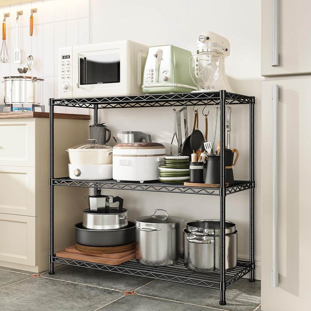 3- Shelf Metal Shelving Unit 35.6Wx14Dx36H Adjustable Storage Shelves Heavy Duty Garage Shelving Steel Wire Shelving for Laundry Bathroom Kitchen Pantry Closet Garage Black