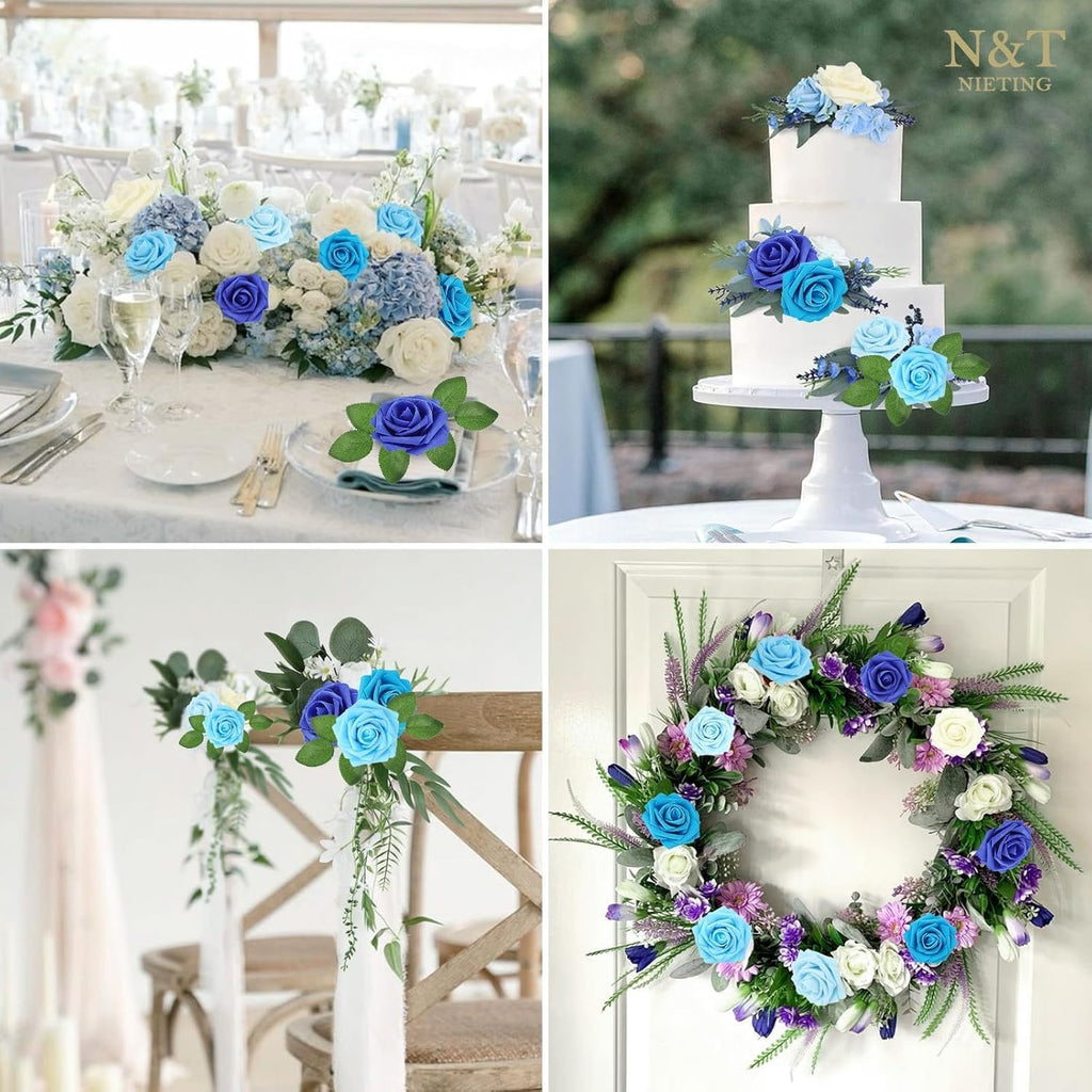 N&T NIETING Blue Roses Artificial Flowers, 50pcs Fake Flowers Rose Perfect for DIY Wedding Bridesmaid Bridal Bouquets Centerpieces Home Flower Arrangement Decoration, Series Blue