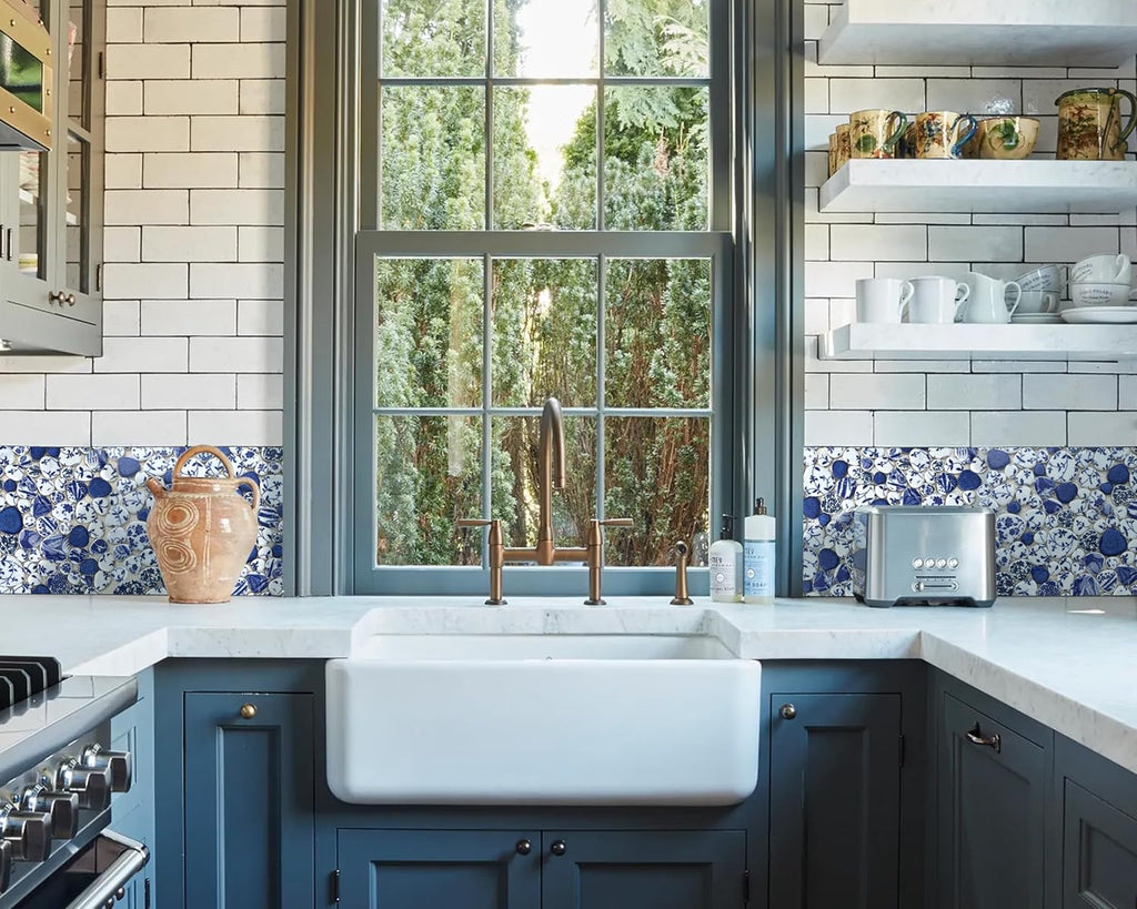 Blujellyfish Blue & White Pebble Tile Porcelain Mosaic Tiles for Art Deco (Pack of 5)