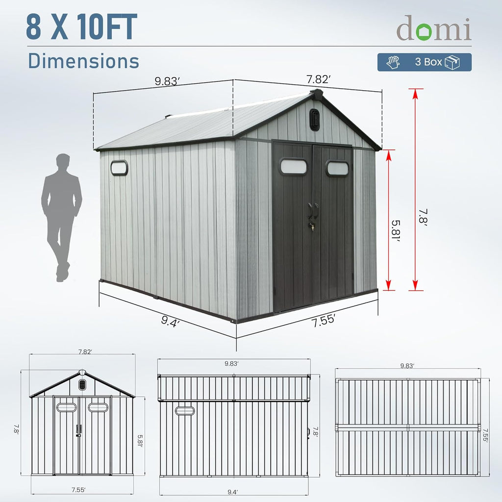 Domi 8x10 FT Outdoor Resin Storage Shed, All-Weather Double-Wall Garden Shed for Backyard, Lawn Tools, Bike, Mower & Pool Equipment with Lockable Doors, Ventilated Roof, Grey