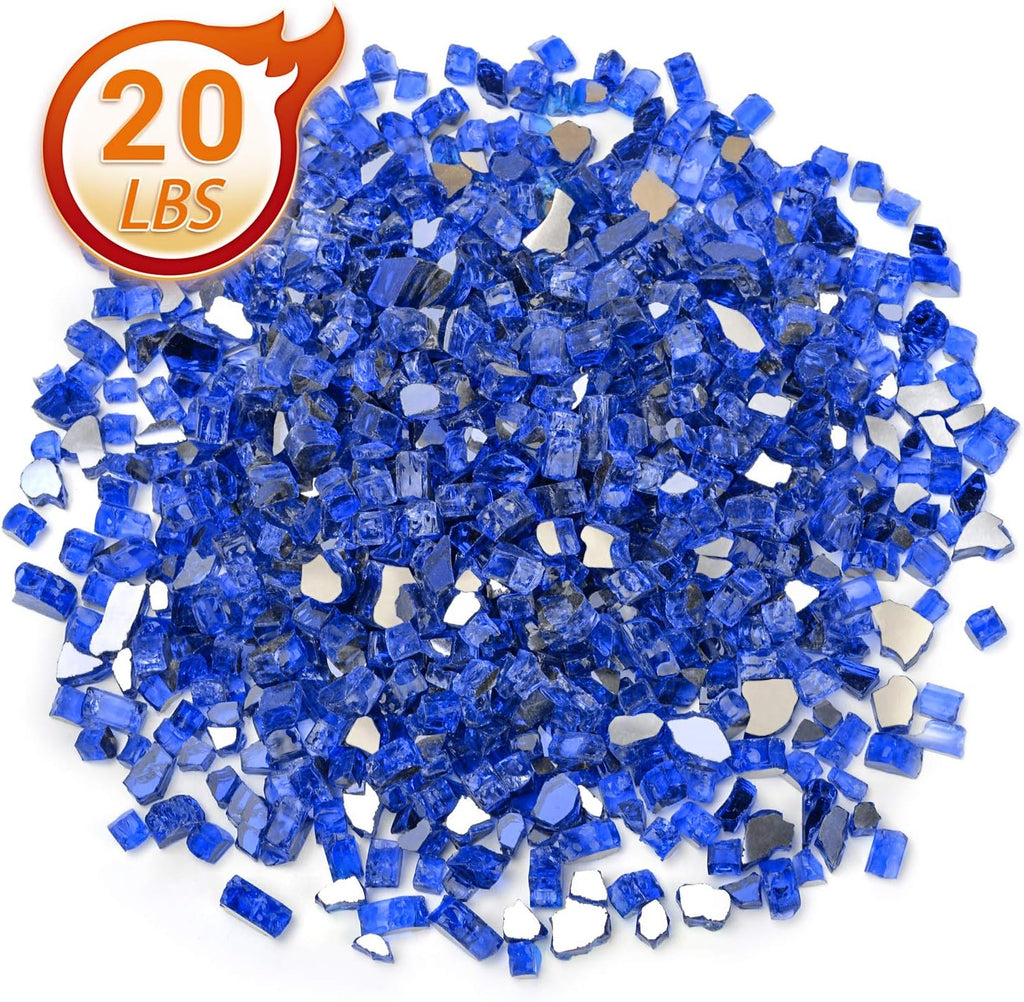 Mr. Fireglass 20 Pounds Cobalt Blue Reflective Fire Glass, 1/2 Inch High Luster Tempered Glass Rocks for Fire Pit Table Fireplace and Landscaping, Decorative Propane Gas Fireplace Glass Rocks