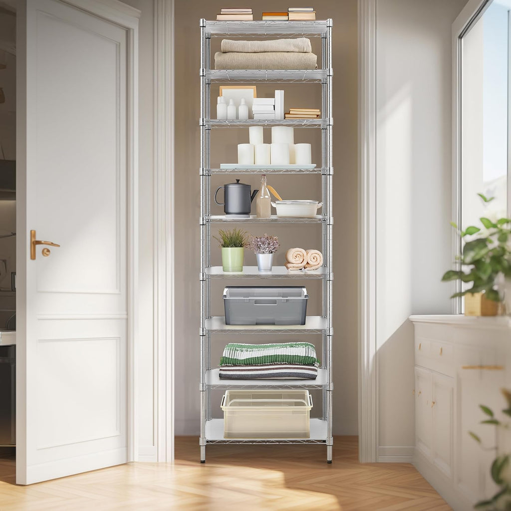 Finnhomy 9-Tier Wire Shelving Unit Adjustable Steel Wire Rack Shelving, 81 Inches Height 9 Shelves Metal Storage Rack, Pantry Shelves for Storage with PE mat, NSF Certified, Chrome