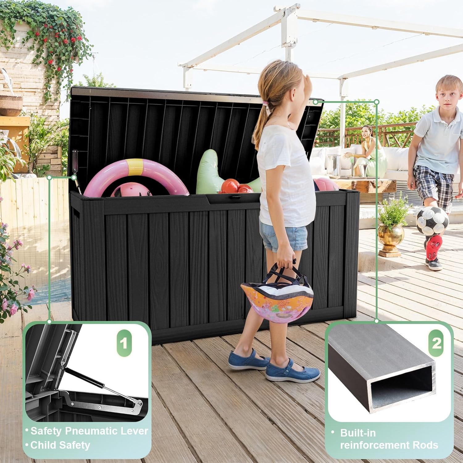 DRATO 80 Gallon Large Deck Box, Outdoor Storage Box for Patio Furniture, Patio Cushions, Gardening Tools, Pool Supplies 480lbs Weight Capacity,Waterproof Resin Storage Boxes