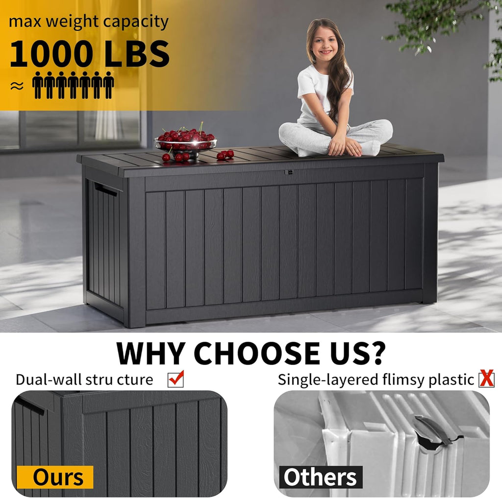 270 Gallon Waterproof Large Resin Deck Box Indoor/Outdoor Lockable Storage Container and Seating for Garden, Pool, and Patio (270 Gallon, Black)