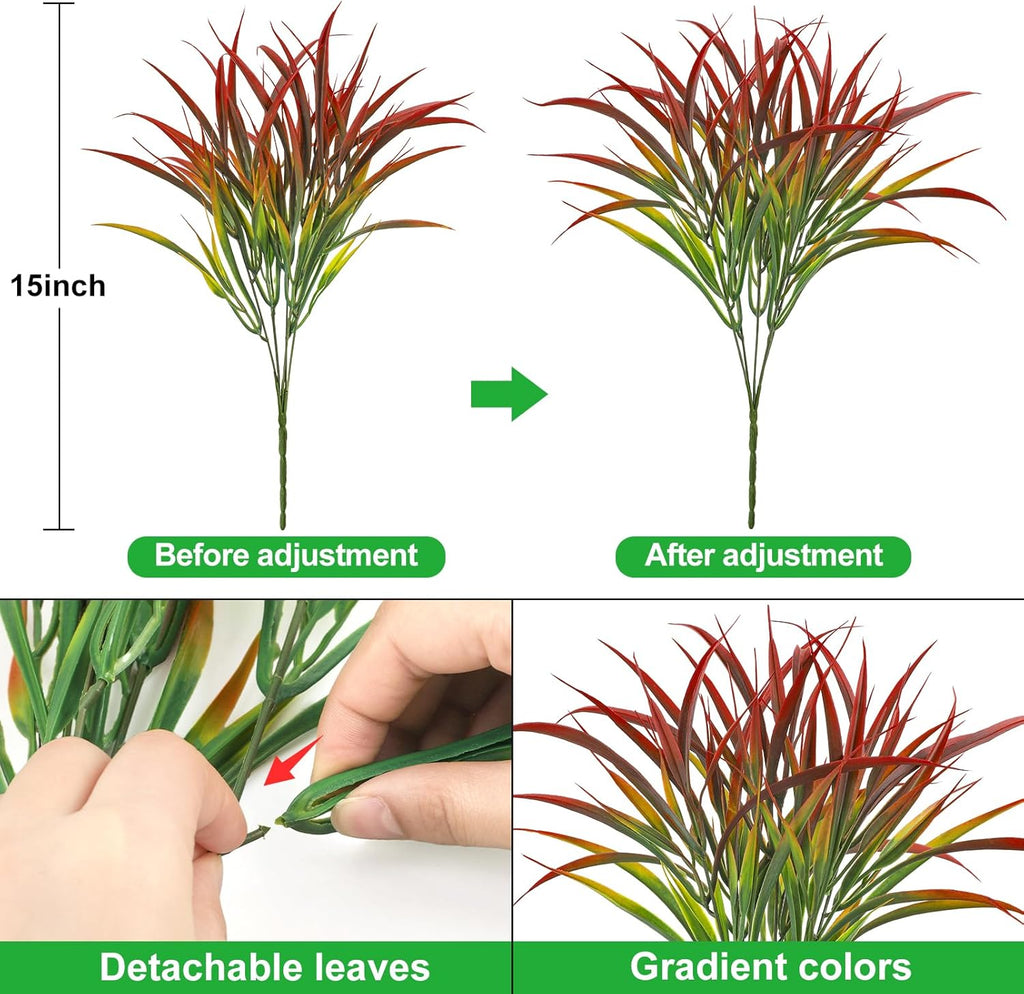 Ouddy Decor 16 Bundles Artificial Plants Outdoor Fake Grass Greenery Stems UV Resistant Faux Plastic Plants Shrubs for Autumn Home Garden Pathway Farmhouse Front Porch Harvest Thanksgiving Decor, Red