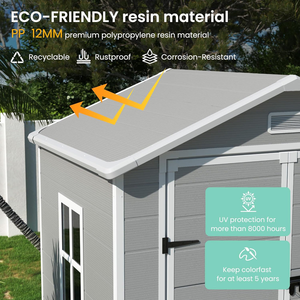 UDPATIO Outdoor Resin Storage Shed 6x4.5 FT, Plastic Garden Shed for Bike, Garbage Can, Tool, Outside Sheds with Lockable Door for Backyard, Patio, Lawn, Grey & White