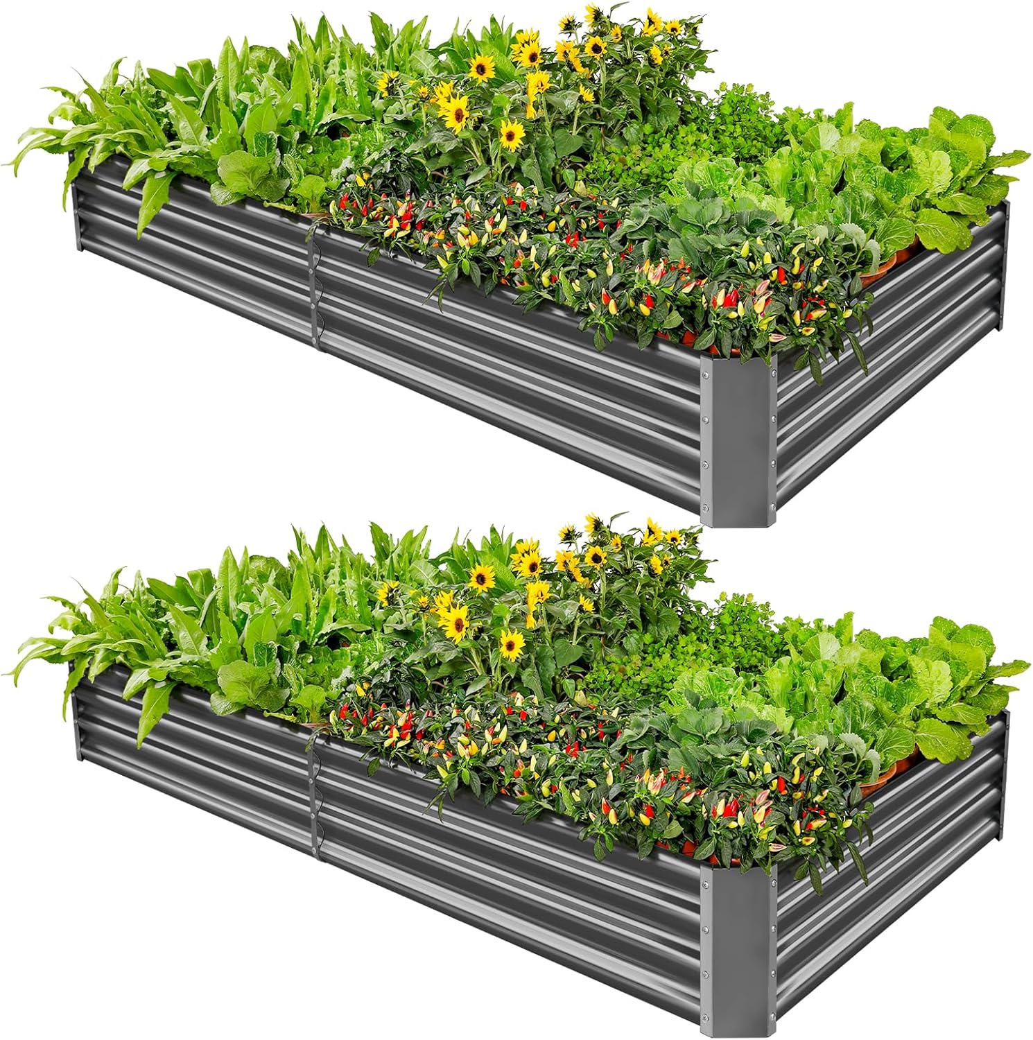 Land Guard 2 Pack 8×4×1ft Galvanized Metal Raised Garden Bed, Metal Planter Kit Box Outdoor for Deep-Rooted Vegetables, Flowers, Green and Herbs (Mid-Grey)