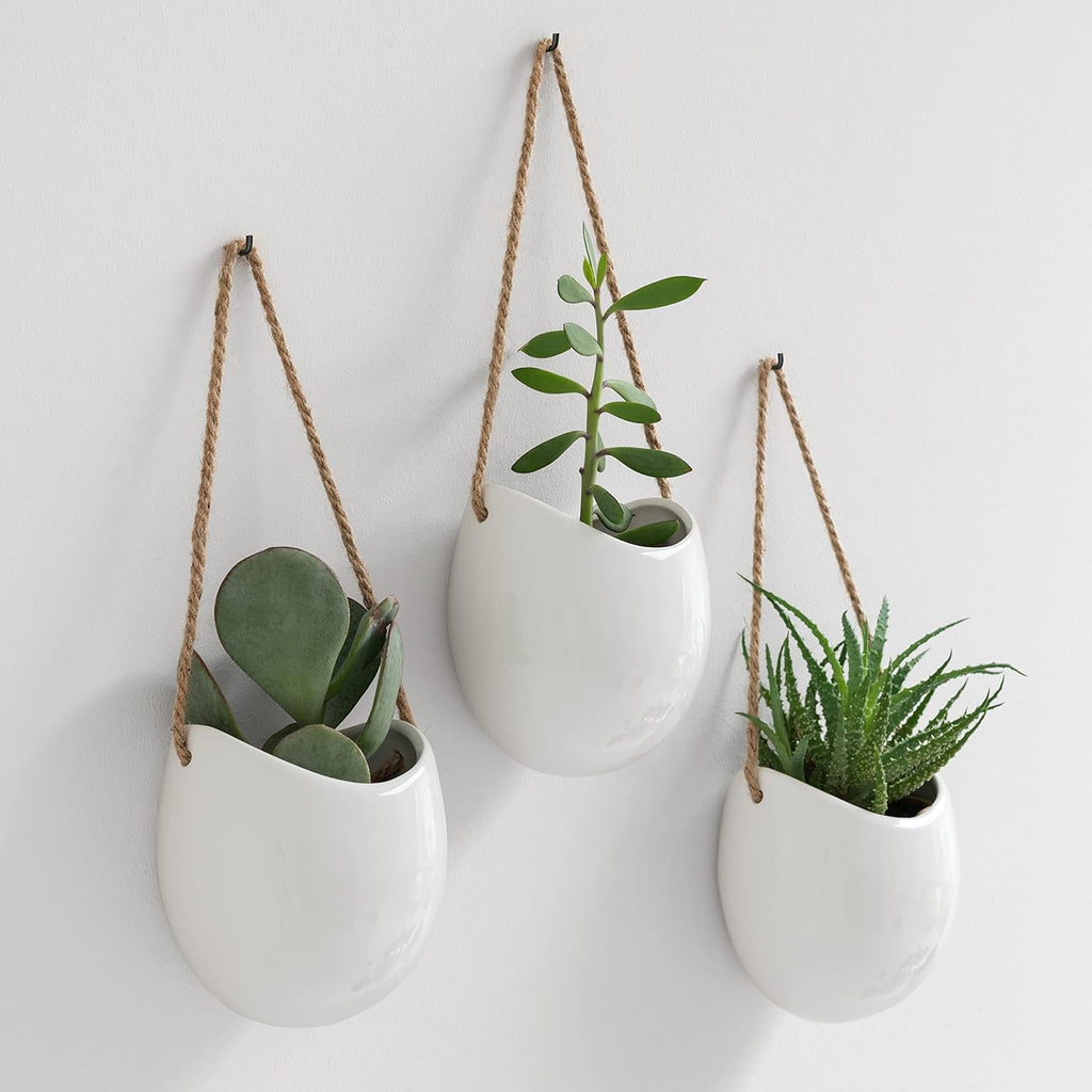 Kazai. Wall Planters -Ellie- | Hanging Ceramic Plant Pots 3 Pieces | Wall Decoration for Indoors, Balcony and Garden | White (Glossy)