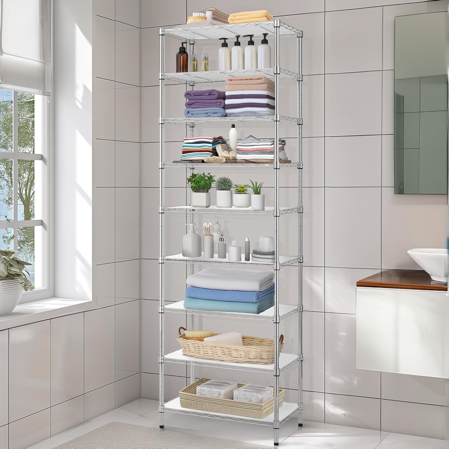 Finnhomy 9-Tier Wire Shelving Unit Adjustable Steel Wire Rack Shelving, 81 Inches Height 9 Shelves Metal Storage Rack, Pantry Shelves for Storage with PE mat, NSF Certified, Chrome