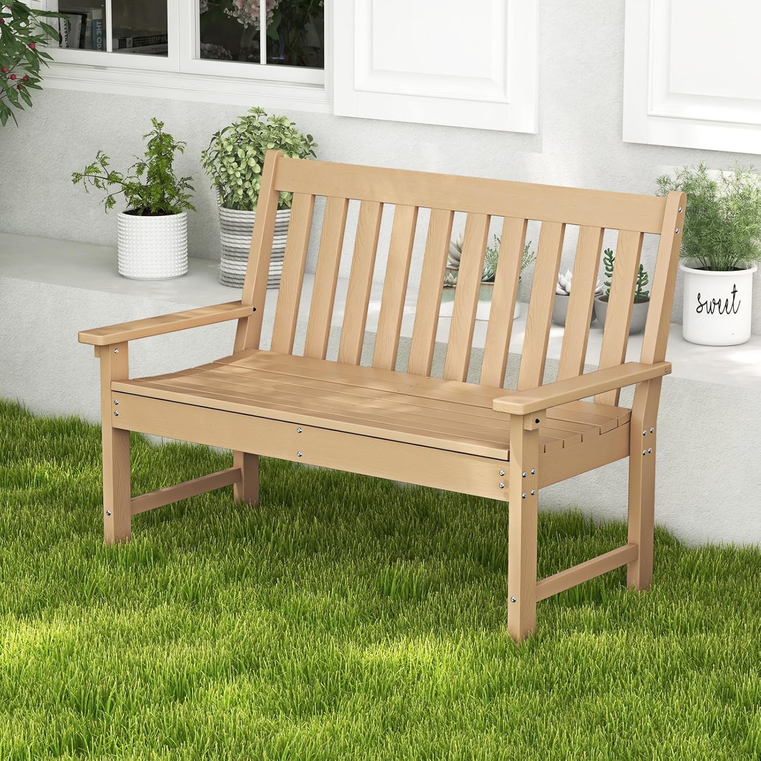Giantex Outdoor Bench, 52-Inch Outside Bench All-Weather HDPE Park Bench with Backrest and Armrests, 705 lbs Weight Capacity, 2-Person Slatted Patio Bench for Porch, Yard, Lawn, Garden Bench (Teak)