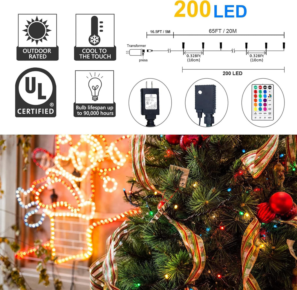 weillsnow Color Changing Christmas Lights, 66ft 200 LED RGB String Lights with Remote & Timer, Fairy Lights for Indoor Outdoor Xmas Tree Party Wedding Christmas Decorations
